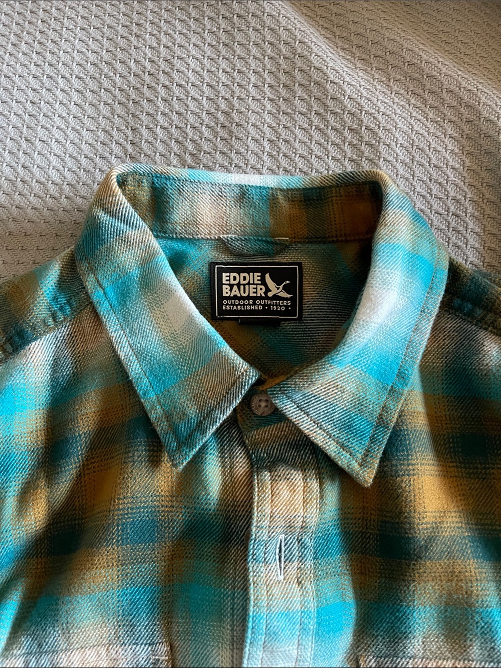Eddie Bauer Teal and Mustard Plaid Flannel Shirt - Picture 7 of 7